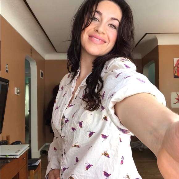 MERONA NWOT beige 💯 cotton cute bird button down - Picture 8 of 10